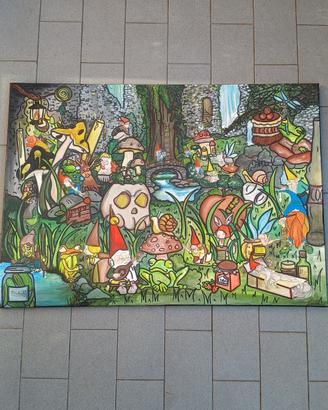 quadro tela artigianale fantasy bosco gnomi arredo