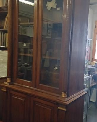 CREDENZA LIBRERIA DOPPIO CORPO STILE IMPERO NOCE