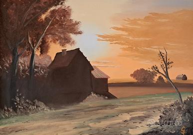Quadro paesaggio di campagna al tramonto 