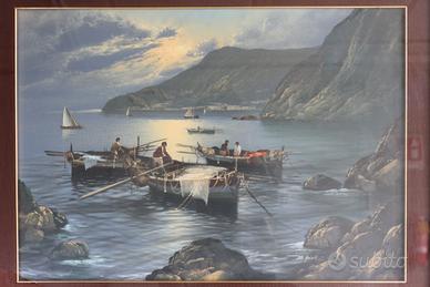 Marina con pescatori in cornice dorata barocca