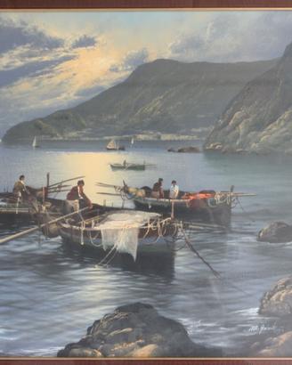 Marina con pescatori in cornice dorata barocca