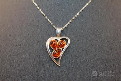Stupenda collana ciondolo cuore argento ambra