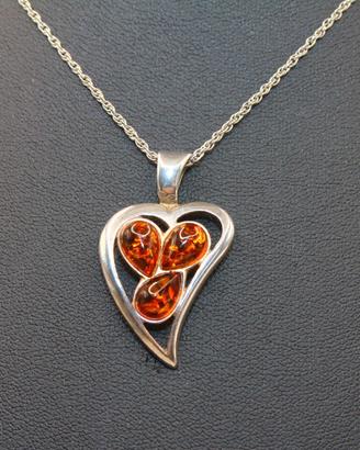 Stupenda collana ciondolo cuore argento ambra