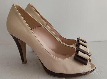 Scarpa decoltè nappa beige + marrone + fiocco N°38