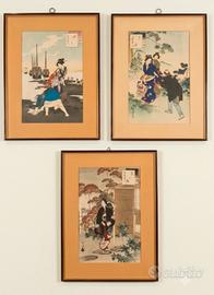 Lotto 3 Quadri Giapponesi Antichi Ukiyo-e Meiji