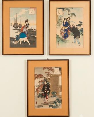 Lotto 3 Quadri Giapponesi Antichi Ukiyo-e Meiji