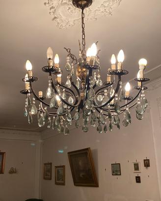 Lampadario Classico in Ottone e Cristallo Gocce