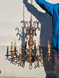 Lampadario antico in legno e metallo Anni 30