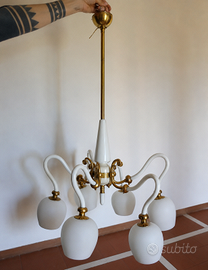 Lampadario vintage 5 luci in ottone e vetro