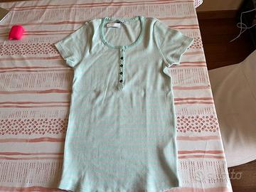T - shirt righe verde-azzurra in cotone