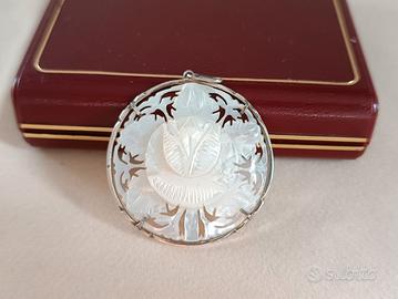 ANTICO CIONDOLO PENDENTE ARGENTO E MADREPERLA