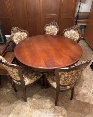Tavolo rotondo in legno 120 cm + 6 sedie classiche