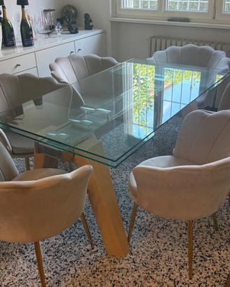 Tavolo  allungabile in vetro,gambe legno massello