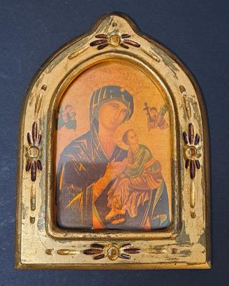 Icona legno cornice color oro Madonna e Gesù 20x15
