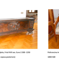 Cassapanca scolpita XVII sec. e poltroncina Imper