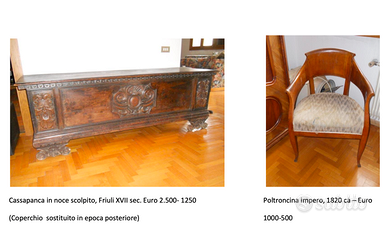 Cassapanca scolpita XVII sec. e poltroncina Imper