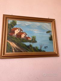 Dipinto olio su tela - paesaggio lacustre