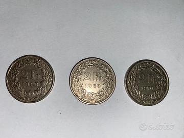 Monete da 2 franchi svizzeri 1968/1969/1970