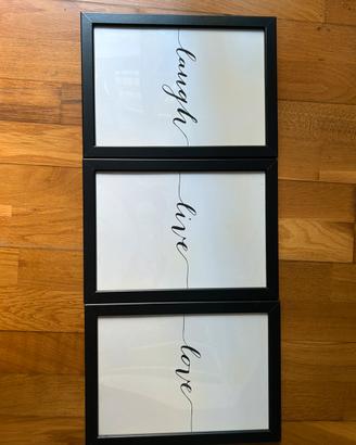 3 poster con cornice LOVE LAUGH LIVE