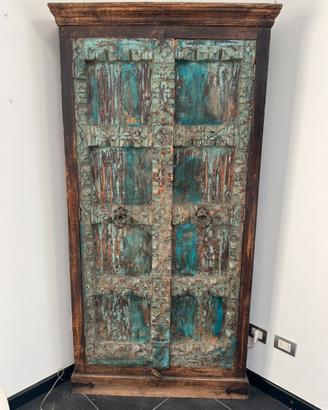 Mobile etnico angolare in legno intarsiato 196x94