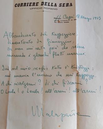 Lettera autografa di Curzio Malaparte 
