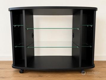 Mobile TV in Legno con Ripiani in Vetro e Ruote