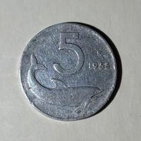 Moneta Delfino 5 Lire del 1955