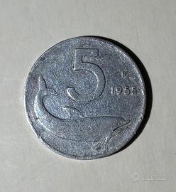Moneta Delfino 5 Lire del 1955