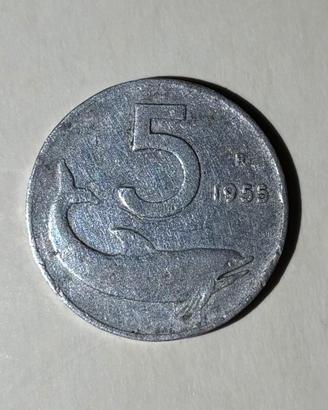 Moneta Delfino 5 Lire del 1955