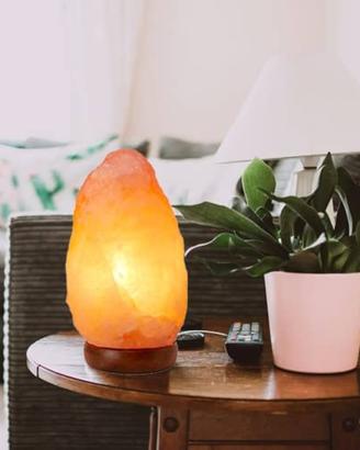 Lampada Sale Himalayano con base in legno