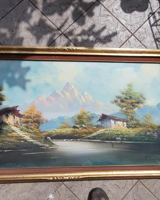 Grande Dipinto a Olio su Juta "Paesaggio Alpino" 