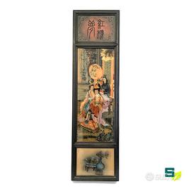QUADRO TRITTICO CINESE CON SCENE DI CORTE SU VETRO