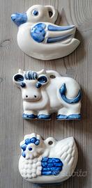 3 decorazioni da parete in ceramica smaltata