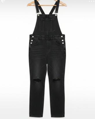 Salopette in jeans nera effetto used, con strappi