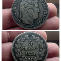 Argento Moneta 5 Franchi 1841 Louis Philippe I 
