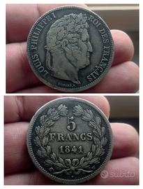 Argento Moneta 5 Franchi 1841 Louis Philippe I 