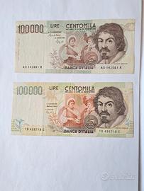 LOTTO N°2 BANCONOTE  100.000 CARAVAGGIO 1 – 2 TIPO