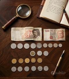 Due banconote da 100.000 lire,1.000 lire e monete