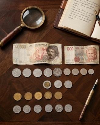 Due banconote da 100.000 lire,1.000 lire e monete