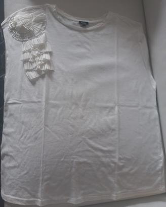 T-Shirt bianca Iwie donna con coccarda plissettata