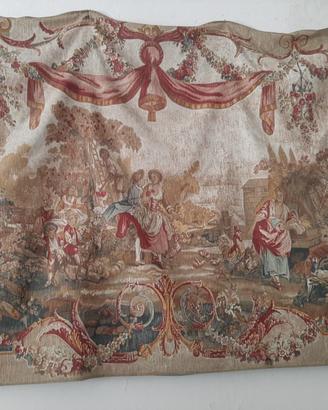 arazzo con antica scena, molte rose e drappi