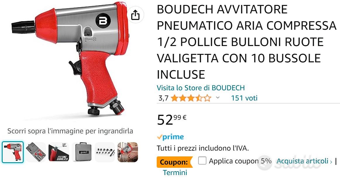 BOUDECH AVVITATORE PNEUMATICO ARIA COMPRESSA 1/2 POLLICE BULLONI RUOTE  VALIGETTA CON 10 BUSSOLE INCLUSE