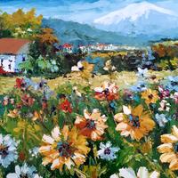 Quadro paesaggio fiori tempera su tela - 65x75 cm