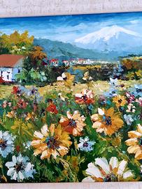 Quadro paesaggio fiori tempera su tela - 65x75 cm