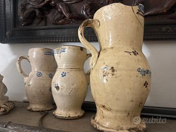 3 antiche brocche contadine in ceramica smaltata