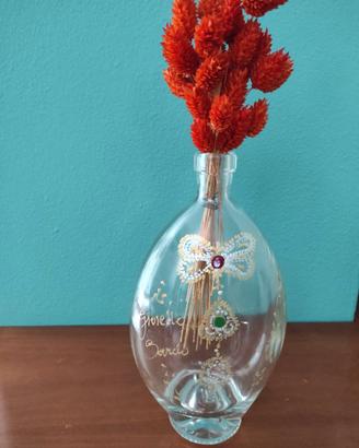 Bottiglia o vaso ovale vetro decorata a mano