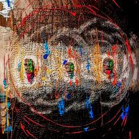 Opera materica con maschere apotropaiche 50x70