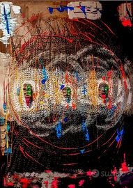 Opera materica con maschere apotropaiche 50x70