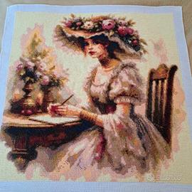 quadro tela ricamata a punto croce dama con fiori