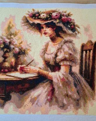 quadro tela ricamata a punto croce dama con fiori